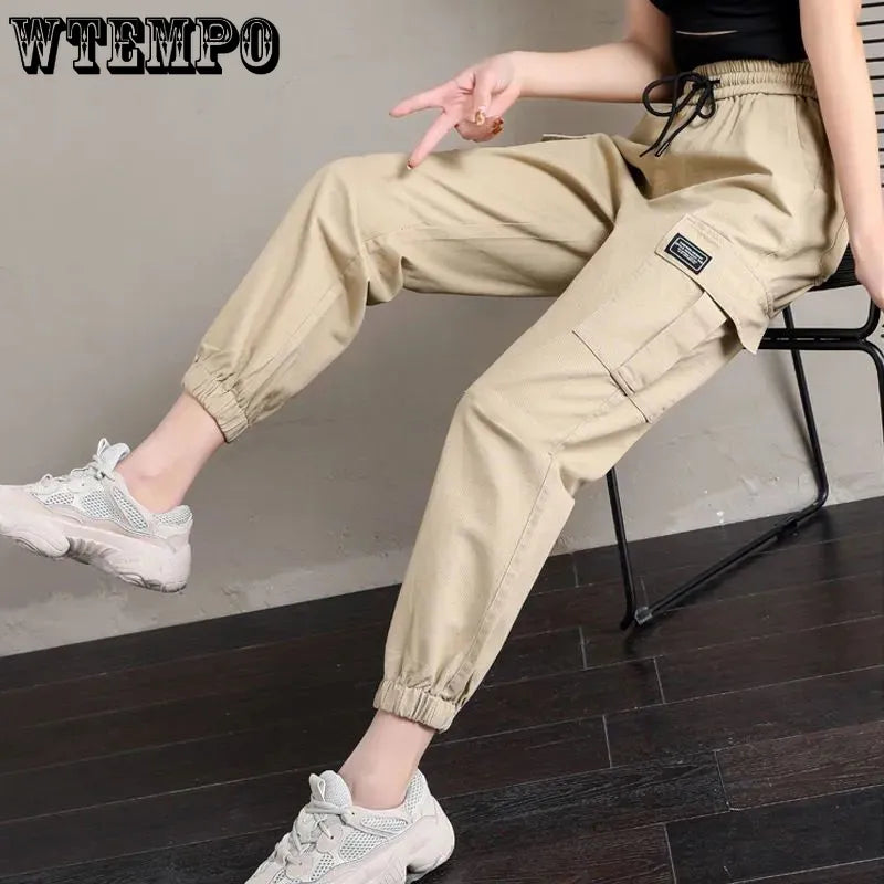 WTEMPO Overalls Women High Waist Sports Casual Pants Loose All-match Cropped Denim Overalls