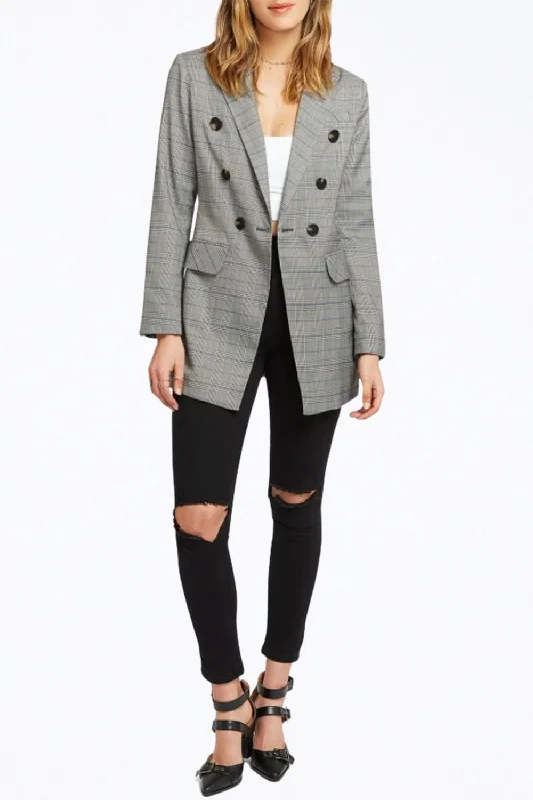 Double-Breasted Prince Of Wales Checked Woven Blazer In Charcoal/blue Women's Vintage Suit