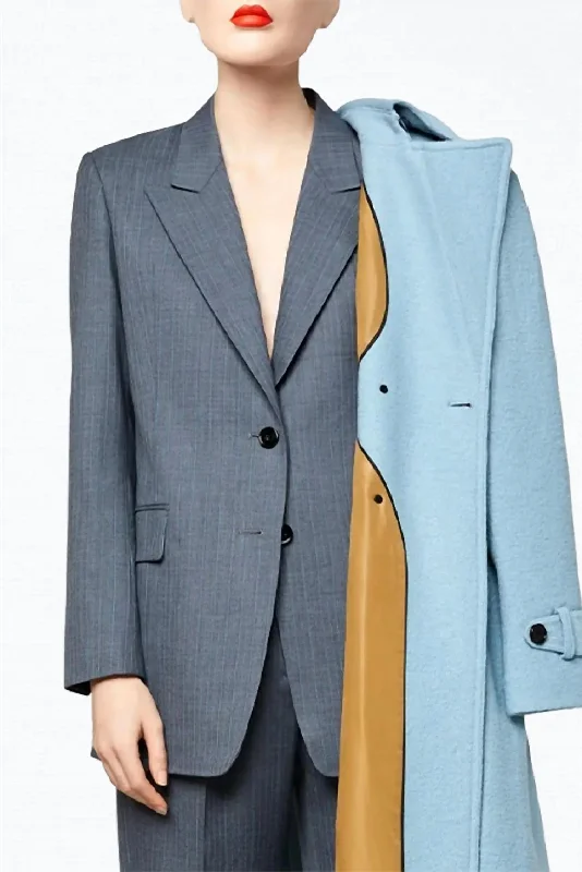Fine Wool Single-Breasted Blazer In Blue Turk Stripe Women's Trendy Jacket