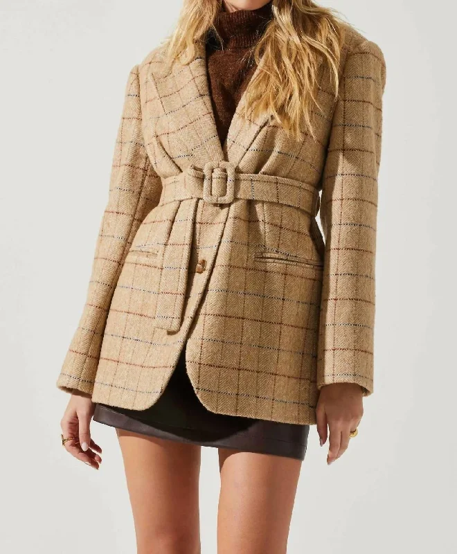 Lottie Plaid Belted Blazer In Taupe Women's Vintage Suit