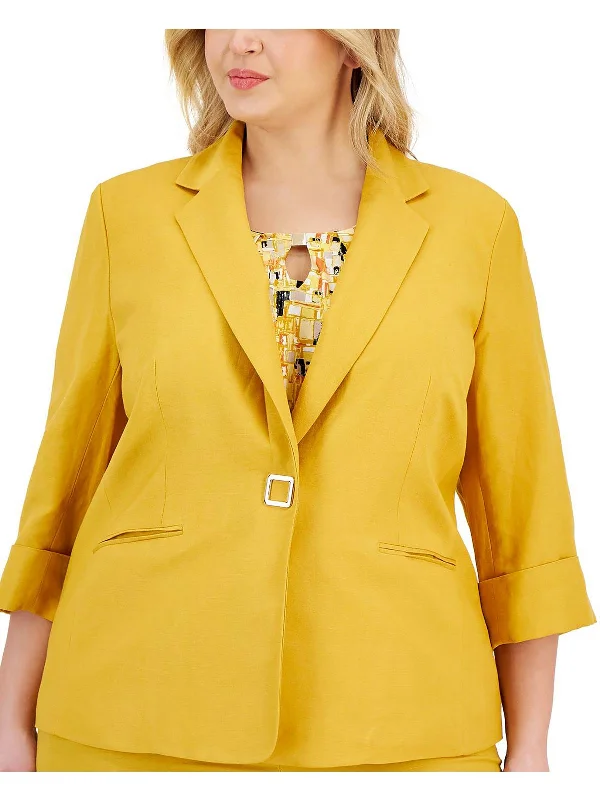 Plus Womens Linen Office One-Button Blazer Women's Short Blazer