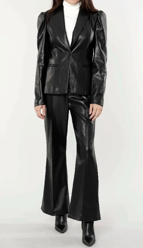 Puff Shoulder Vegan Leather Blazer In Black Women's Classic Blazer