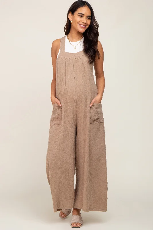 Beige Wide Leg Tie Back Maternity Overalls Vintage-Inspired Jumpsuit