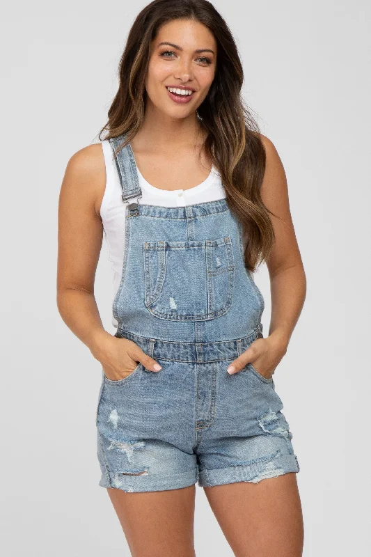 Blue Distressed Maternity Denim Short Overalls Elegant Satin Jumpsuit
