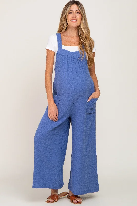 Blue Wide Leg Tie Back Maternity Overalls Adjustable Fit Overalls