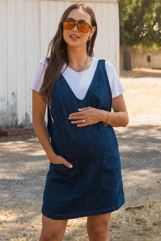 Charcoal Denim Front Pocket Maternity Skirt Overalls Comfy Lounge Overalls