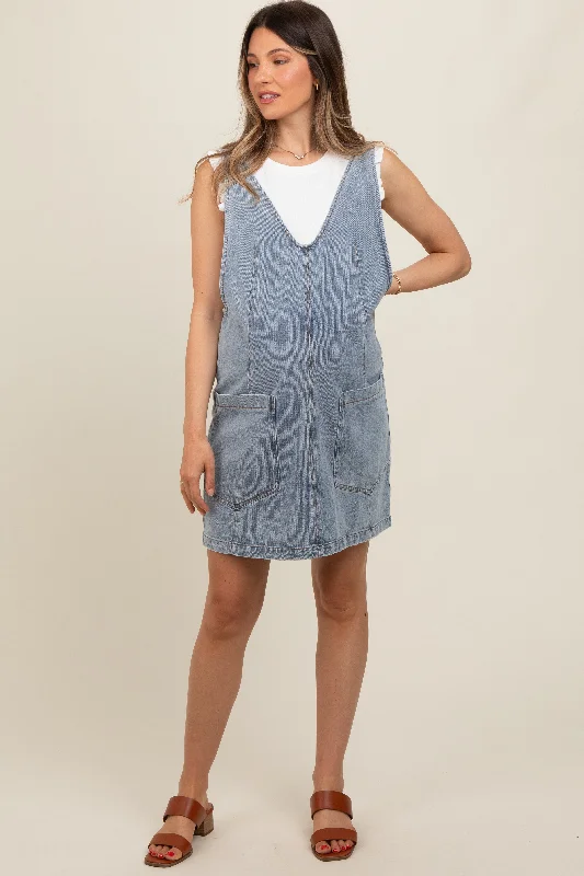 Light Blue Denim Front Pocket Maternity Skirt Overalls High-Waisted Overalls