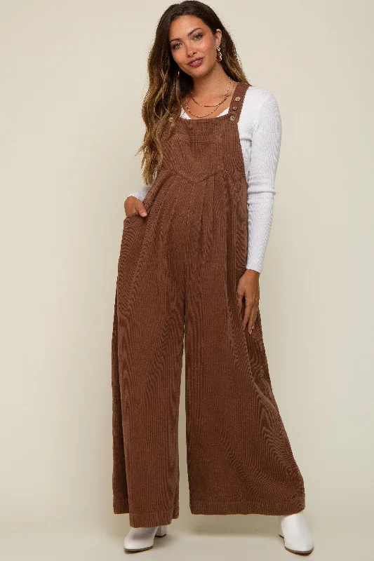 Mocha Corduroy Front Pleated Wide Leg Maternity Overalls Outdoor Utility Overalls