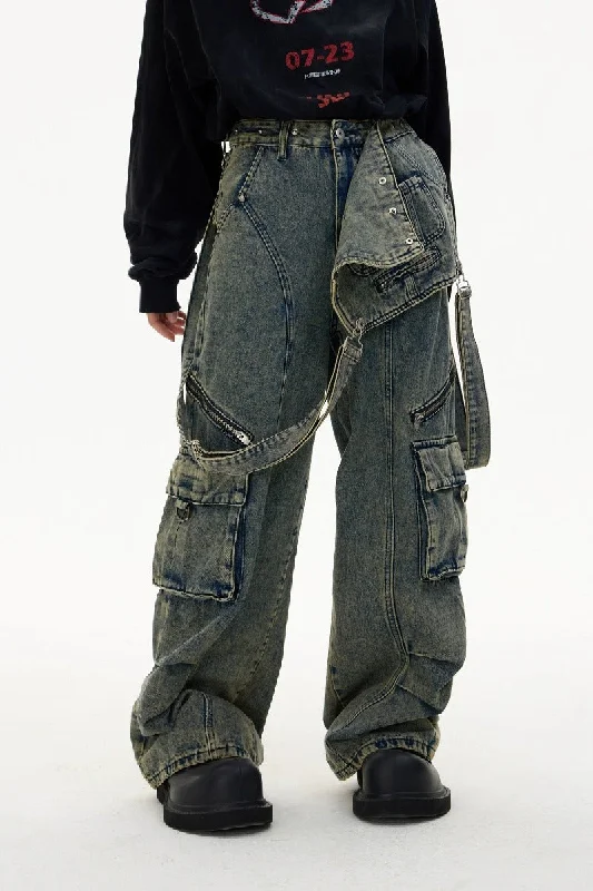 Vintage Multi-Pocket Overalls Striped Casual Jumpsuit