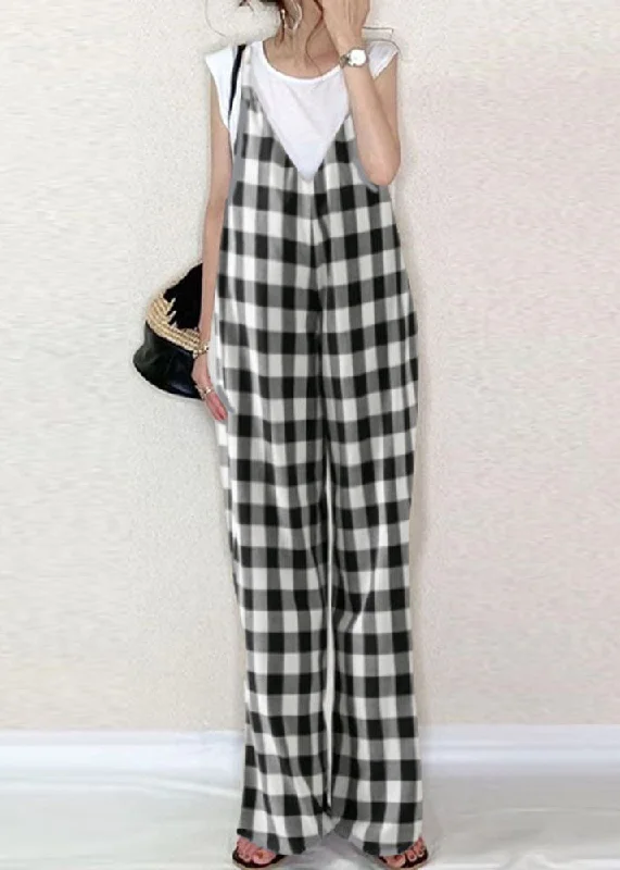 Classy Black White Plaid Oversized Cotton Overalls Jumpsuit Summer Urban Denim Jumpsuit