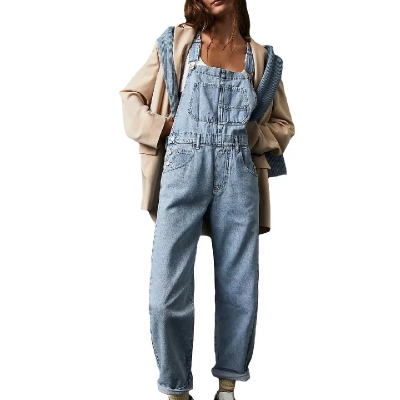 Free Stride Trendy Denim Overalls Ruffled Shoulder Overalls