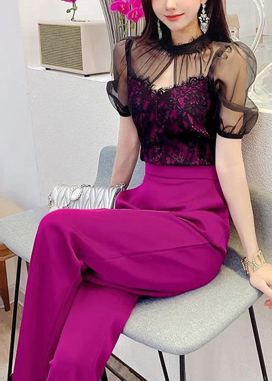 New Rose Hollow Out Lace Patchwork Cotton Overalls Jumpsuit Summer Pastel Color Overalls