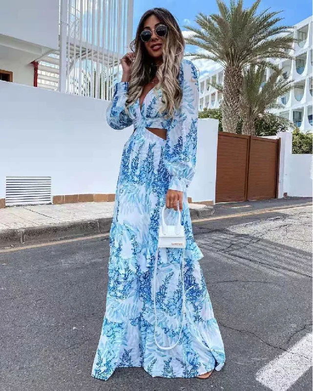 New long sleeve printed hollow long dress in summer Off-the-shoulder Chic Trendy