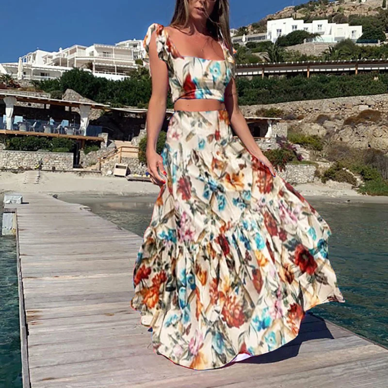 New Women's Waist Top Fashion Sexy Dress Long Dress Two-piece Set Tunics Vintage classic