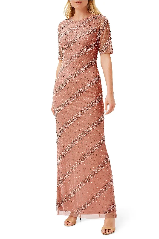 Aidan Mattox Crew Neck Short Sleeves Back Zipper Back Slit Beaded Long Dress Tunics Versatile all-occasion Aidan Mattox Crew Neck Short Sleeves Back Zipper Back Slit Beaded Long Dress Tunics Versatile all-occasion