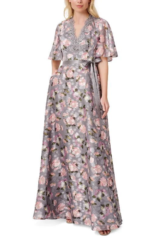 Aidan Mattox V- Neck Flutter Short Sleeves Satin Waist Tie Belt Back Zipper Floral Long Dress Tunics Sophisticated sleek Aidan Mattox V- Neck Flutter Short Sleeves Satin Waist Tie Belt Back Zipper Floral Long Dress Tunics Sophisticated sleek