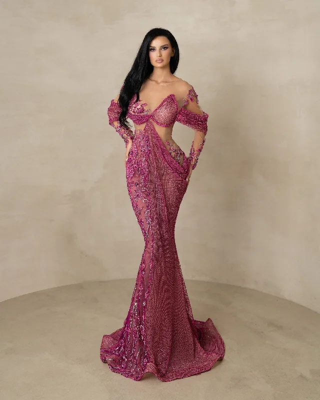 Aine Pink Long Dress With Flowers And Crystals Bodycon Club Sequined