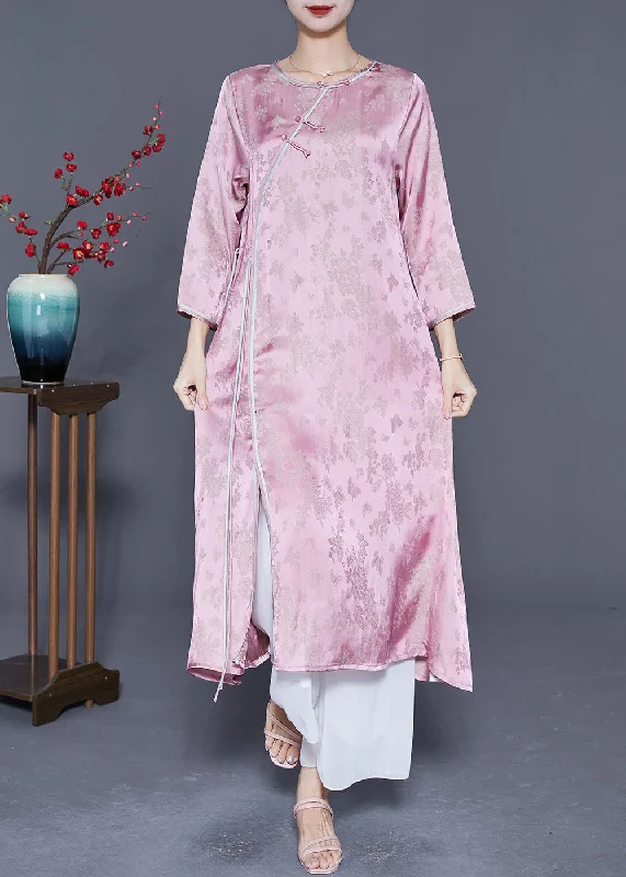 Art Pink Jacquard Side Open Lace Up Silk Oriental Long Dresses Summer Tunics Sale discount Art Pink Jacquard Side Open Lace Up Silk Oriental Long Dresses Summer Tunics Sale discount