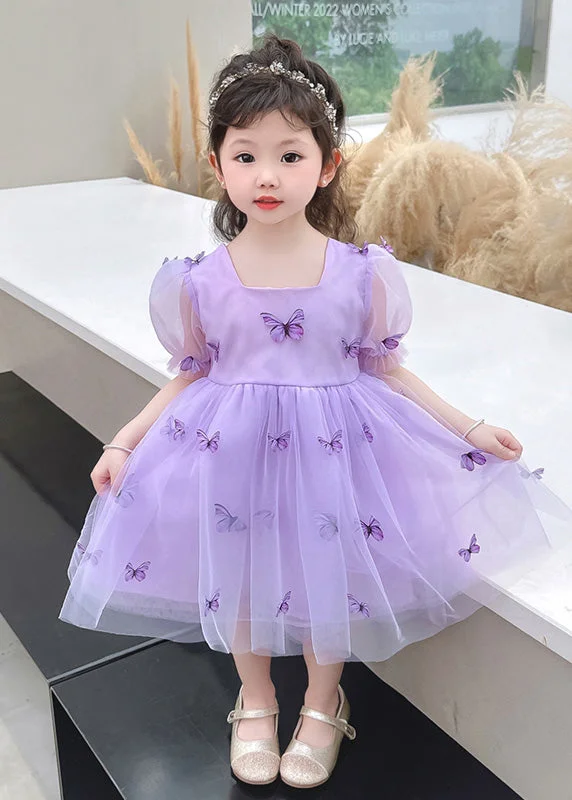 Beautiful Purple Square Collar Floral Solid Tulle Long Dresses Summer Square Neckline Feminine