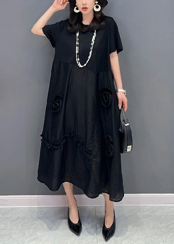 Black Patchwork Cotton Long Dress O Neck Ruffled Summer Tunics Versatile stylish