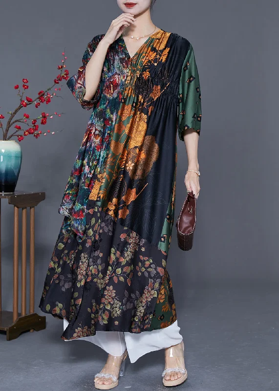 Bohemian Colorblock V Neck Patchwork Wrinkled Print Silk Long Dress Summer Tunics Gym athletic Bohemian Colorblock V Neck Patchwork Wrinkled Print Silk Long Dress Summer Tunics Gym athletic