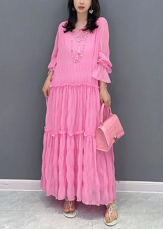 Bohemian Pink Ruffled Lace Up Patchwork Chiffon Long Dress Summer Pencil Office Professional Bohemian Pink Ruffled Lace Up Patchwork Chiffon Long Dress Summer Pencil Office Professional
