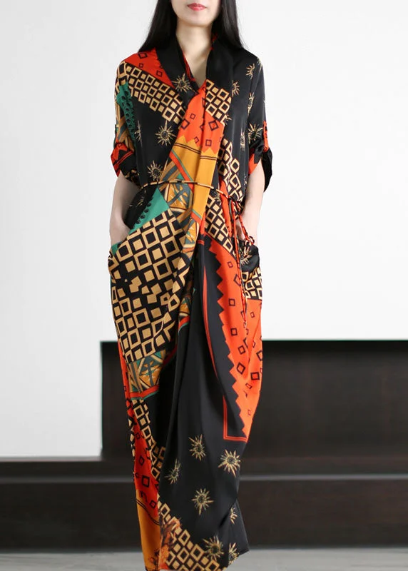 Boho Black Wrinkled Tie Waist Patchwork Silk Long Dresses Summer Tunics Luxurious premium Boho Black Wrinkled Tie Waist Patchwork Silk Long Dresses Summer Tunics Luxurious premium