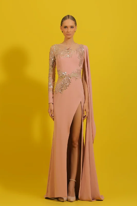 Cape sleeve embroidered crepe gown empire Waist empire