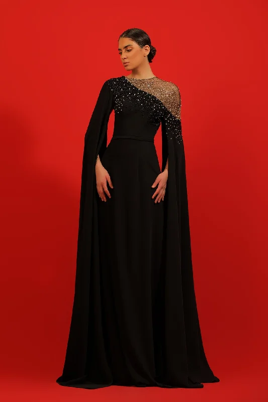 Cape sleeves crepe dress with embroidery Tunics Stylish elegant