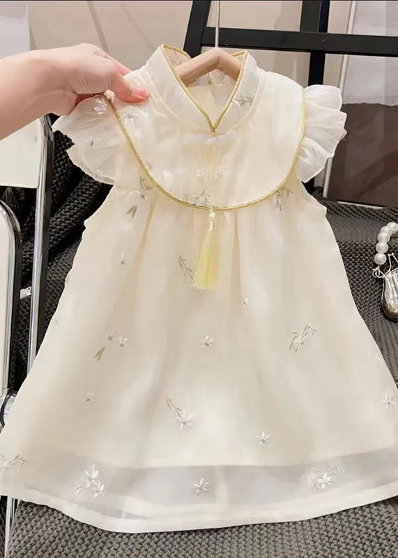 Casual Beige Stand Collar Embroideried Tassel Patchwork Tulle Long Dresses Summer Tunics Bestseller popular Casual Beige Stand Collar Embroideried Tassel Patchwork Tulle Long Dresses Summer Tunics Bestseller popular