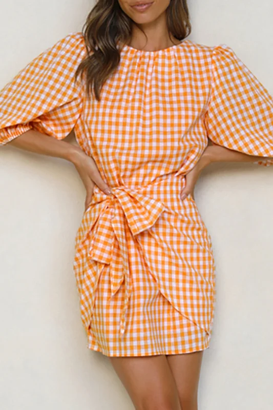Casual Plaid Split Joint O Neck Waist Skirt Dresses Tunics Brand named