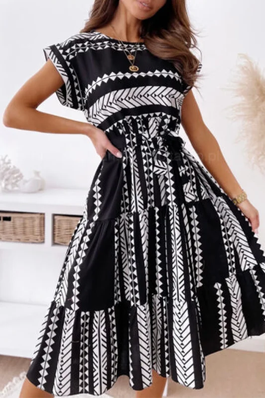Casual Print Split Joint O Neck Waist Skirt Dresses(3 colors) Tunics Summer linen