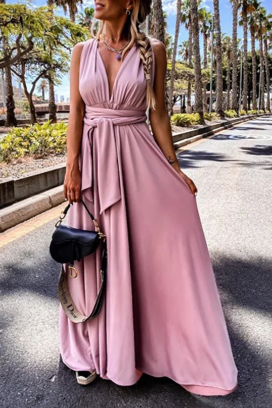Casual Solid Split Joint V Neck Waist Skirt Dresses Tunics Timeless classic