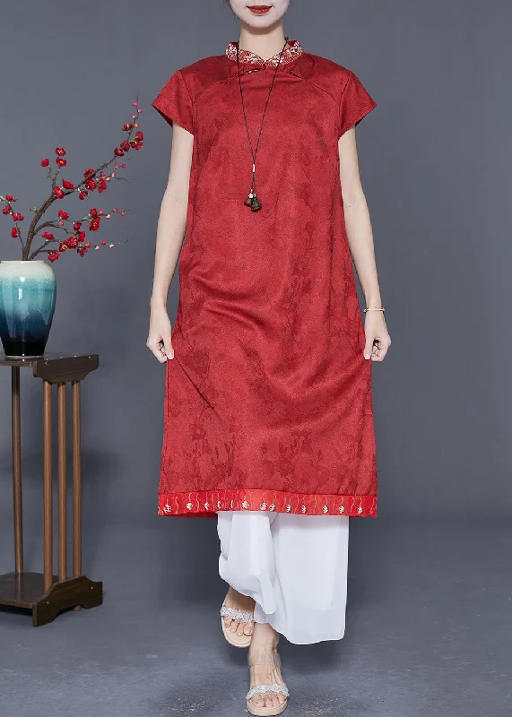 Chinese Style Red Embroideried Patchwork Silk Long Dress Summer Tunics Business professional Chinese Style Red Embroideried Patchwork Silk Long Dress Summer Tunics Business professional