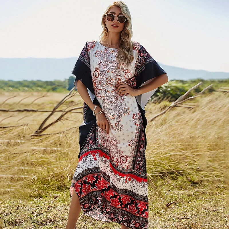 European and American Women's Strap Print Dress New High-waisted Long Dress Tunics Running lightweight