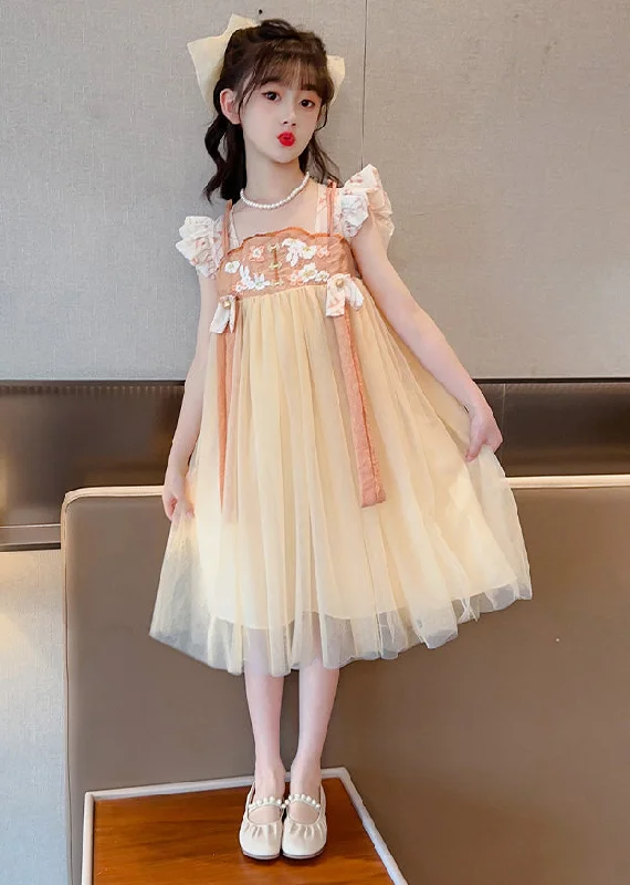 Cute Yellow Slash Neck Embroideried Patchwork Tulle Kids Long Dress Summer Tunics Sophisticated sleek Cute Yellow Slash Neck Embroideried Patchwork Tulle Kids Long Dress Summer Tunics Sophisticated sleek