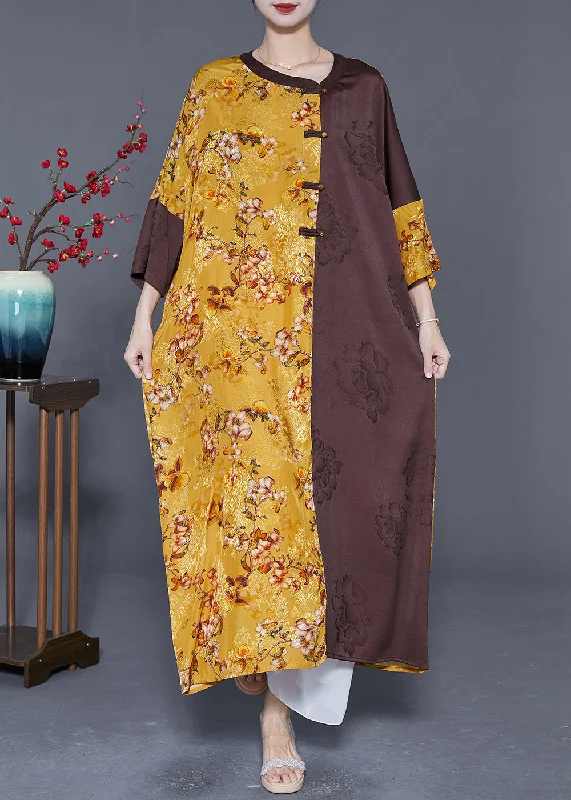 DIY Colorblock Oversized Patchwork Chinese Button Silk Long Dress Summer Square Neckline Feminine DIY Colorblock Oversized Patchwork Chinese Button Silk Long Dress Summer Square Neckline Feminine