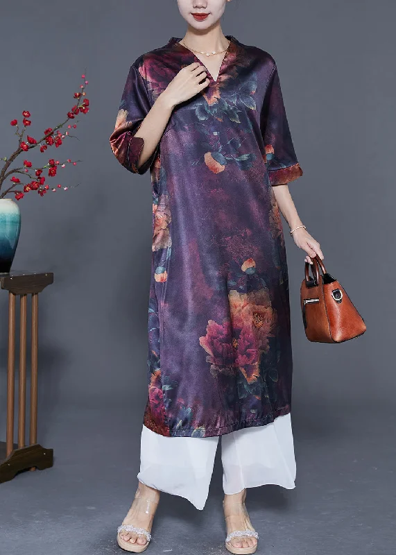 Elegant Dark Purple V Neck Print Silk Long Dress Summer Tunics Review highly