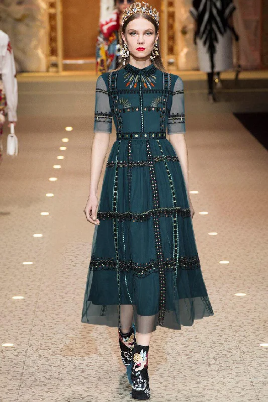 Embroidery Vintage mesh long Dress - WF114 Casual Short Summer