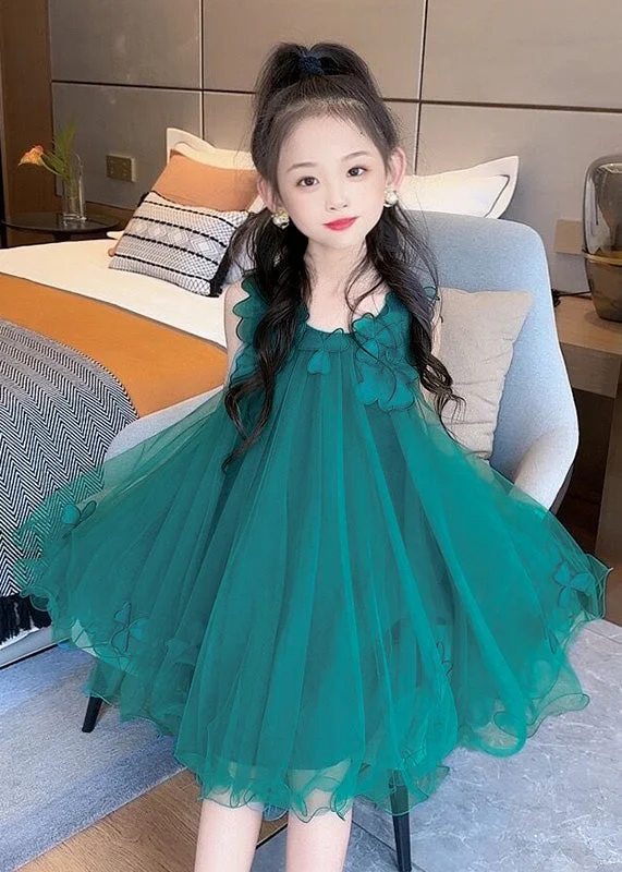 Fashion Green O-Neck Floral Layered Tulle Kids Long Dress Sleeveless Tunics Fleece cozy Fashion Green O-Neck Floral Layered Tulle Kids Long Dress Sleeveless Tunics Fleece cozy