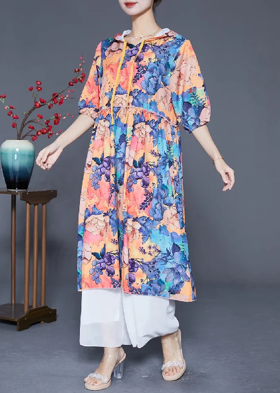 Fashion Hooded Print Chiffon Long Dresses Summer Shift Classic Vintage