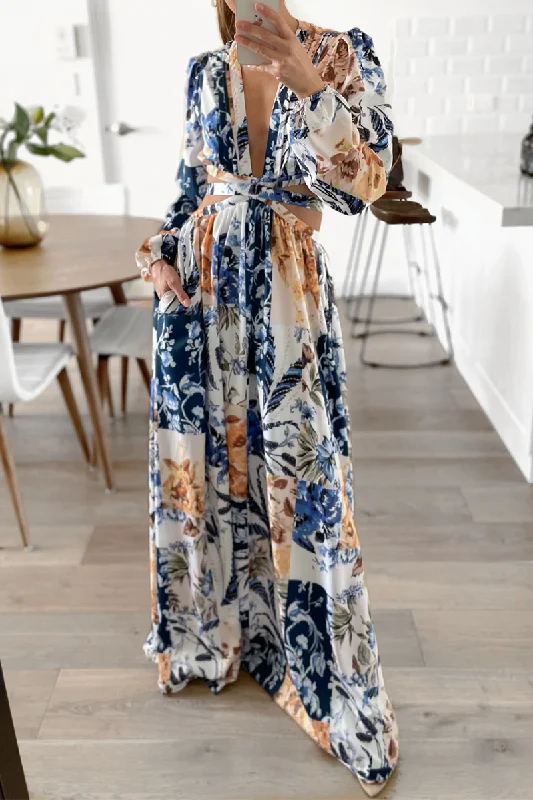 Fashion Print Backless V Neck Waist Skirt Dresses Tunics Silk luxurious