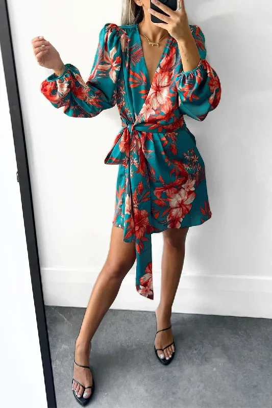 Fashion Print Split Joint V Neck Waist Skirt Dresses Tunics Practical easy-care