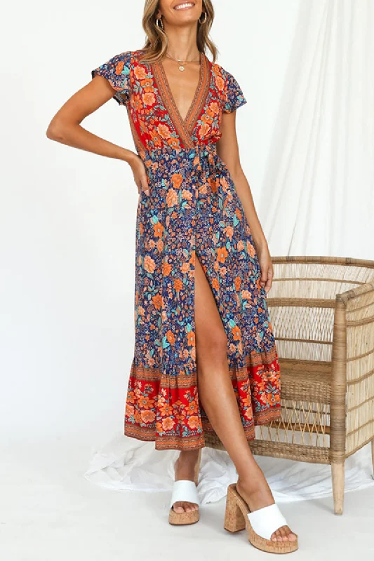 Fashion Print Split Joint V Neck Waist Skirt Dresses Tunics Cozy comfortable
