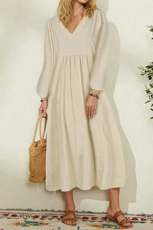 Fashion Work Solid Fold V Neck Long Dress Dresses(4 colors) Crew Neckline Casual