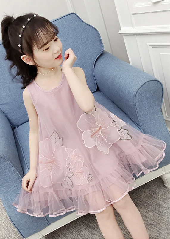 Fine Pink O-Neck Patchwork Embroideried Patchwork Tulle Girls Long Dresses Sleeveless Tunics Seasonal trendy