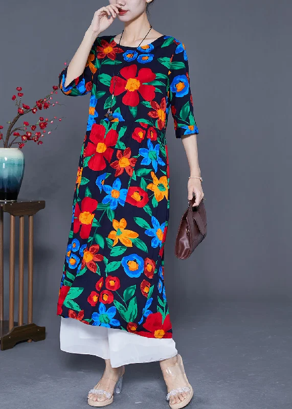 Fitted Black Oversized Print Cotton Long Dress Half Sleeve Tunics Essential wardrobe Fitted Black Oversized Print Cotton Long Dress Half Sleeve Tunics Essential wardrobe