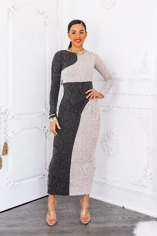 Hard To Forget Color Block Ribbed Bodycon Long Dress Crew Neckline Sporty