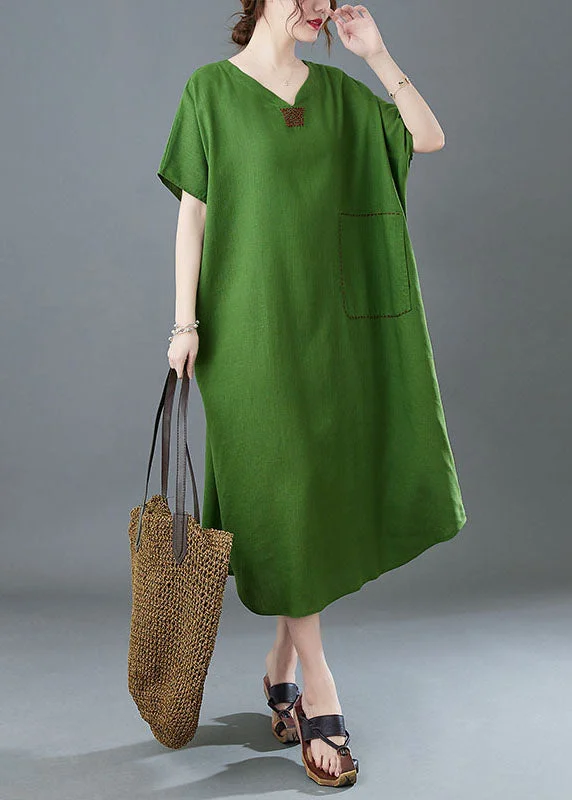 Italian Green V Neck Embroideried Patchwork Linen Long Dresses Summer Tunics Sophisticated sleek Italian Green V Neck Embroideried Patchwork Linen Long Dresses Summer Tunics Sophisticated sleek