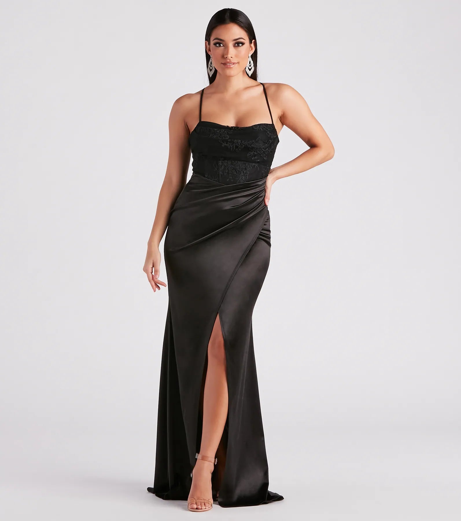 Janie Formal Satin Lace Long Dress Tunics Satin smooth
